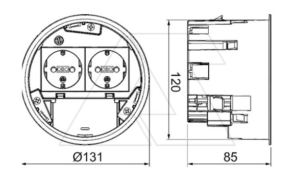 Коробка MT R2 VDE монтажная, укомплектованная розеткой 2х2P+E нем.ст., для люков GES R2, полиамид OBO-Bettermann даташит схема