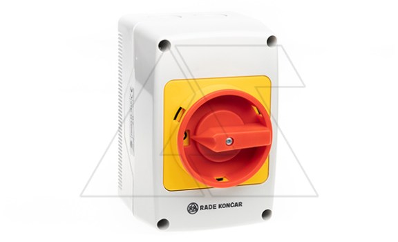 Переключатель PNGBS 32 10 LK, аварийный, 3P, 32A, тип 0-1, 15kW(400VAC по АС-23), красная блокируемая в 0 рукоятка, в корпусе IP65 фото