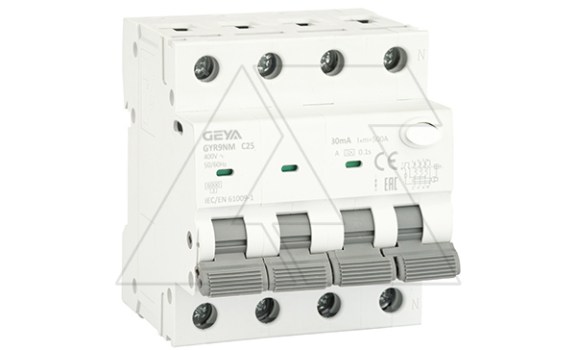 Дифф. авт. выключатель GYR9NM-C25-30mA, 3P+N, 25A, хар-ка C, 6 kA, 30mA, тип A, 4M фото