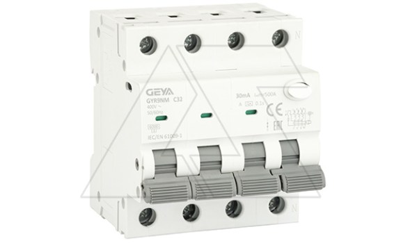 Дифф. авт. выключатель GYR9NM-C32-30mA, 3P+N, 32A, хар-ка C, 6 kA, 30mA, тип A, 4M фото