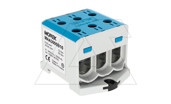 Клемма Morek OTL95-3 синяя, 3xAl/Cu 6_95mm², 245(CU)/220(AL)A на клемму, 1000V, винтовые зажимы фото