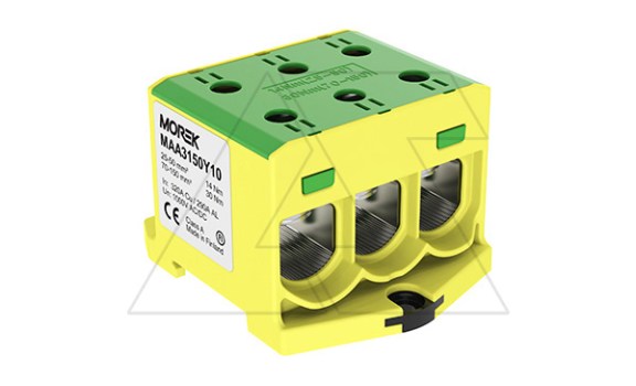Клемма Morek OTL150-3 желто-зеленая, 3xAl/Cu 25_150mm², 320(CU)/290(AL)A на клемму, 1000V, винтовые зажимы фото