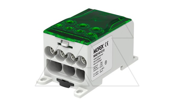 Блок распред. Morek OJL400A зелено-серый, 1P, вх. 1x95_240mm² Al/Cu, вых. 4x2,5_35 + 3x6_50mm² Cu, 425(CU)/380(AL), 1000V, винтовые зажимы фото