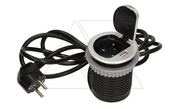 Блок розеточный встраиваемый d=60мм, USB 5V 2,4A + 2P+E со шторками, 3680вт, кабель 1,9м, алюминий фото