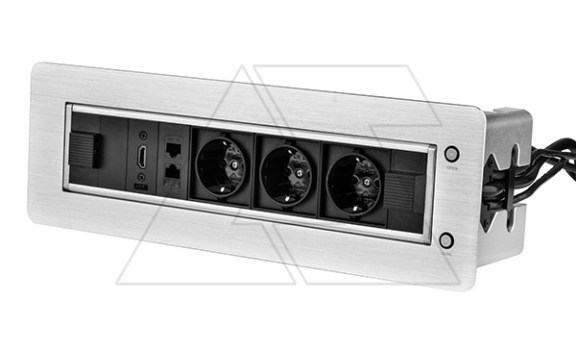 Блок розеточный встраиваемый 2хRJ45 кат. 5e UTP + HDMI + 3x2P+E со шторками, с электроприводом, кабель 1,5м, 3680вт, алюминий фото
