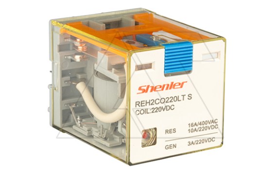 Реле REH2CO220LTS, 2CO, 16A(400VAC)/ 10A(220VDC), 220VDC, мех. индикация, тест-кнопка с блокировкой, LED, магнит фото