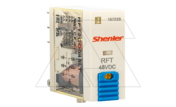 Реле RFT2CO048LT, 2CO, 8A(250VAC/30VDC), 48VDC, мех. индикация, тест-кнопка с блокировкой, LED фото