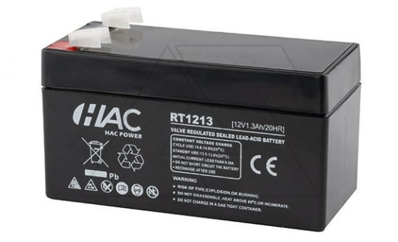Батарея аккумуляторная HAC RT1213, F1, 12V/1.3Ah, 98х43.5х53(59) ДхШхВ, 0.52 кг, 6-8 лет фото