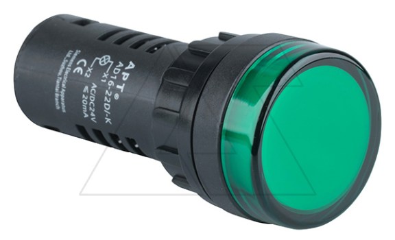 Индикатор светодиодный моноблочный AD16-22D, зеленый, LED 24VAC/DC, фильтр 5V, IP65, 22mm фото
