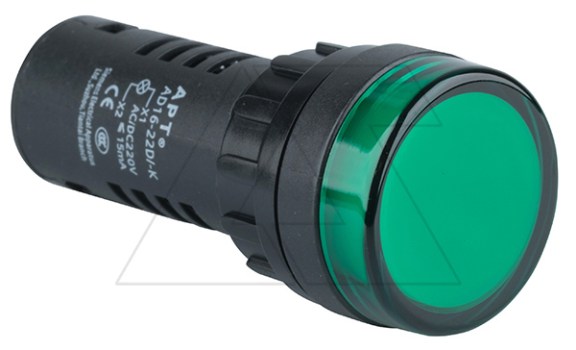 Индикатор светодиодный моноблочный AD16-22D, зеленый, LED 220VAC/DC, фильтр 30V, IP65, 22mm фото
