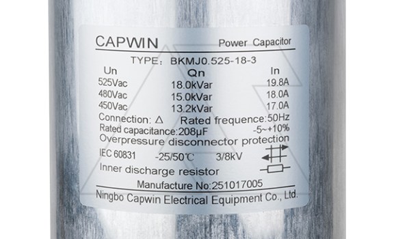 Конденсатор BKMJ-0,525-18-3HD, трехфазный, 18kVAr/525VAC, 15kVar/480VAC, MKP, сухое исполнение, тяжелый режим, IP20 CapWin даташит схема