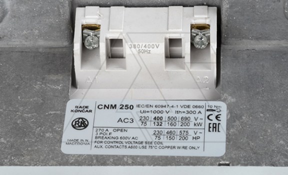 Контактор CNM 250 22 380/400V 50Hz, 3P, 250A/(300A по AC-1), 132kW(400VAC), 380/400VAC, 2NO+2NC Rade Koncar даташит схема
