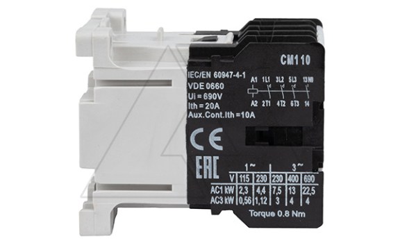 Мини-контактор CM1 10 220/230V 50Hz, 3P, 9A/(20A по AC-1), 4kW(400VAC), 220/230VAC, 1NO Rade Koncar даташит схема