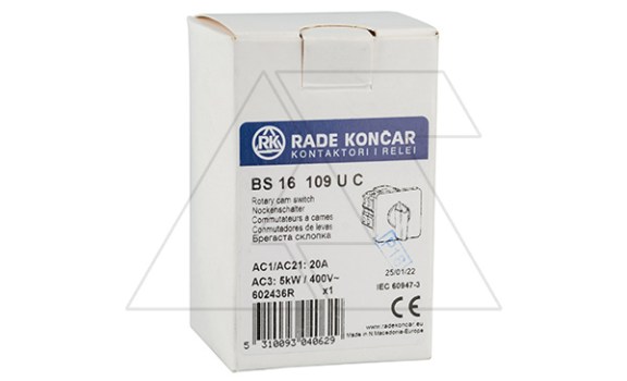 Переключатель BS 16 109 U, 1P, 20A, тип 0-1-2-3-4, 1NO на 1_4, на дверь, фронт IP40 Rade Koncar даташит схема