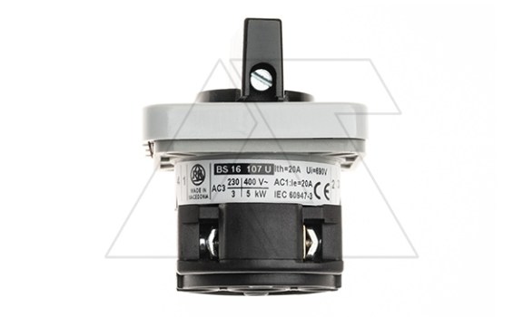 Переключатель BS 16 107 U, 1P, 20A, тип 0-1-2, 1NO на 1_2, на дверь, фронт IP40 Rade Koncar даташит схема
