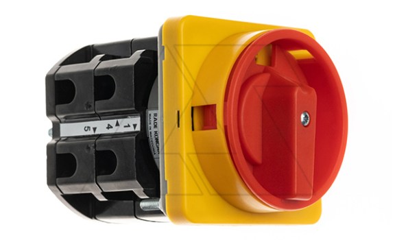 Переключатель BS 63 10 LK, аварийный, 3P, 63A, тип 0-1, 18.5kW(400VAC по АС-3), на дверь, красная блокируемая в 0 рукоятка, фронт IP40 Rade Koncar даташит схема