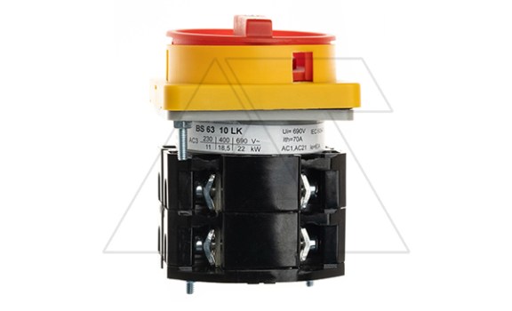Переключатель BS 63 10 LK, аварийный, 3P, 63A, тип 0-1, 18.5kW(400VAC по АС-3), на дверь, красная блокируемая в 0 рукоятка, фронт IP40 Rade Koncar даташит схема