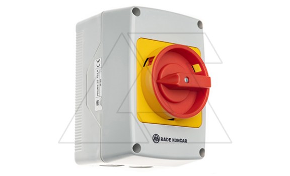 Переключатель PNGBS 25 10 LK, аварийный, 3P, 25A, тип 0-1, 11kW(400VAC по АС-23), красная блокируемая в 0 рукоятка, в корпусе IP65 Rade Koncar даташит схема