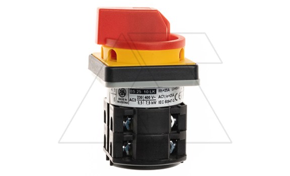 Переключатель BS 25 10 LK, аварийный, 3P, 25A, тип 0-1, 7.5kW(400VAC по АС-3), на дверь, красная блокируемая в 0 рукоятка, фронт IP40 Rade Koncar даташит схема