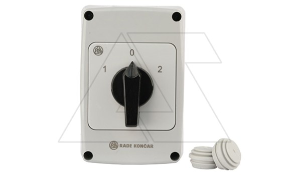 Переключатель PNGBS 32 53, 3P, 32A, тип 1-0-2 (60°), 3NO на 1_2, черная рукоятка, в корпусе IP65 Rade Koncar даташит схема