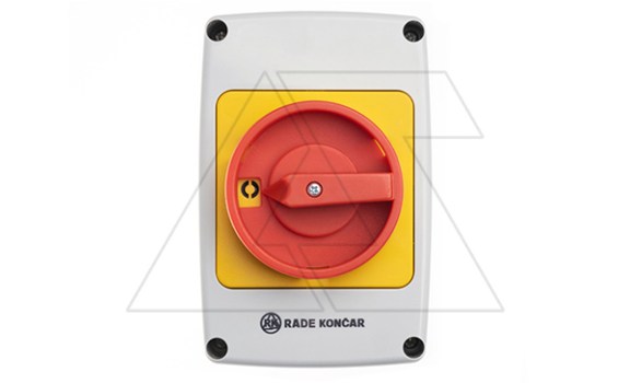 Переключатель PNGBS 25 92 LK, аварийный, 4P, 25A, тип 0-1, 11kW(400VAC по АС-23), красная блокируемая в 0 рукоятка, в корпусе IP65 Rade Koncar даташит схема