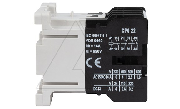 Контактор CP0 22 220/230 V 50Hz, 2NO+2NC, 6A(230VAC)/4A(400VAC) по АС-15, 220/230VAC Rade Koncar даташит схема
