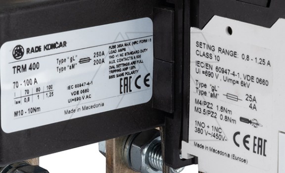 Реле тепловой перегрузки TRM 400-100A, It=70_100A, 1NO+1NC, CLASS 10A, с трансформаторами тока, отдельный монтаж Rade Koncar даташит схема