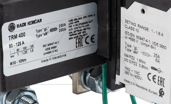 Реле тепловой перегрузки TRM 400-130A, It=80_125A, 1NO+1NC, CLASS 10A, с трансформаторами тока, отдельный монтаж Rade Koncar даташит схема