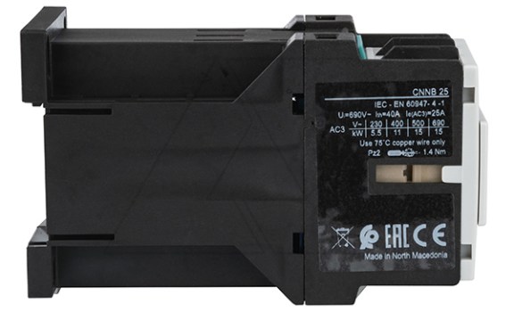 Контактор CNNB 25 00, 24VDC, 3P, 25A/(40A по AC-1), 11kW(400VAC), Uk=24VDC Rade Koncar даташит схема