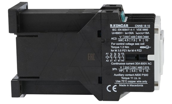 Контактор CNNB 18 10, 24VDC, 3P, 18A/(30A по AC-1), 7.5kW(400VAC), 1NO, Uk=24VDC Rade Koncar даташит схема