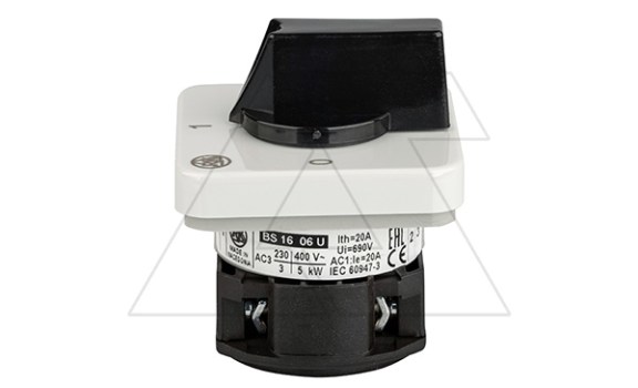 Переключатель BS 16 06 U, 2P, 20A, тип 0-1 (90°), 2NO на 1, 2.5kW(230VAC по АС-23), на дверь, фронт IP40 Rade Koncar даташит схема