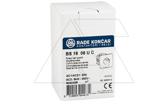 Переключатель BS 16 06 U, 2P, 20A, тип 0-1 (90°), 2NO на 1, 2.5kW(230VAC по АС-23), на дверь, фронт IP40 Rade Koncar даташит схема