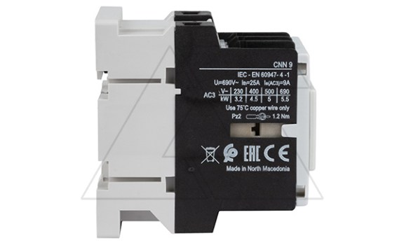 Контактор CNN 9 01 220/230V 50Hz, 3P, 9A/(25A по AC-1), 4.5kW(400VAC), 220/230VAC, 1NC Rade Koncar даташит схема