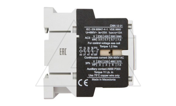 Контактор CNN 12 01 220/230V 50Hz, 3P, 12A/(25A по AC-1), 5.7kW(400VAC), 220/230VAC, 1NC Rade Koncar даташит схема