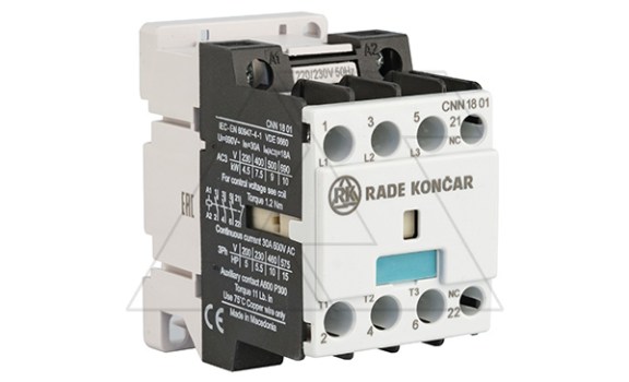 Контактор CNN 18 01 220/230V 50Hz, 3P, 18A/(30A по AC-1), 7.5kW(400VAC), 220/230VAC, 1NC Rade Koncar даташит схема