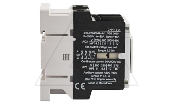 Контактор CNN 18 01 220/230V 50Hz, 3P, 18A/(30A по AC-1), 7.5kW(400VAC), 220/230VAC, 1NC Rade Koncar даташит схема