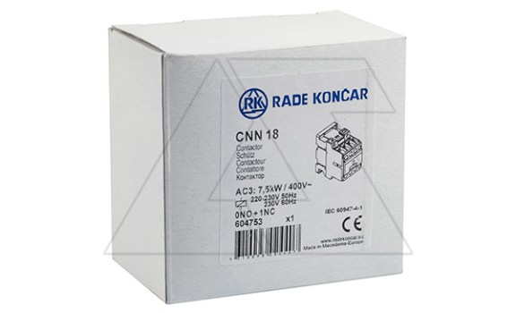 Контактор CNN 18 01 220/230V 50Hz, 3P, 18A/(30A по AC-1), 7.5kW(400VAC), 220/230VAC, 1NC Rade Koncar даташит схема