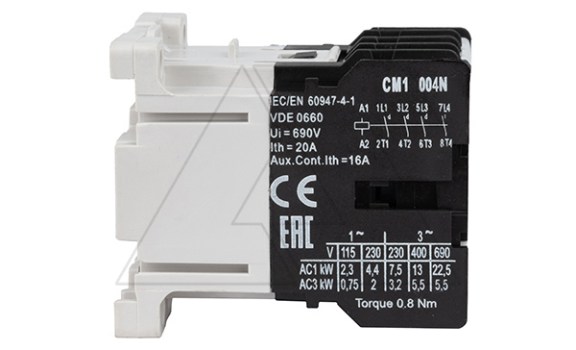 Мини-контактор CM1 004 220/230V 50Hz, 4P, 9A/(20A по AC-1), 4kW(400VAC), 220/230VAC Rade Koncar даташит схема