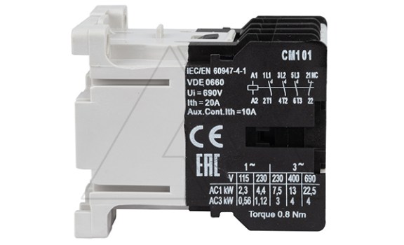 Мини-контактор CM1 01 220/230V 50Hz, 3P, 9A/(20A по AC-1), 4kW(400VAC), 220/230VAC, 1NC Rade Koncar даташит схема