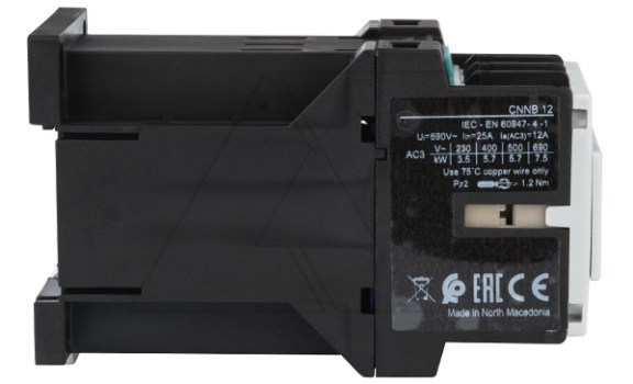 Контактор CNNB 12 01, 24VDC, 3P, 12A/(25A по AC-1), 5.7kW(400VAC), 1NC, Uk=24VDC Rade Koncar даташит схема