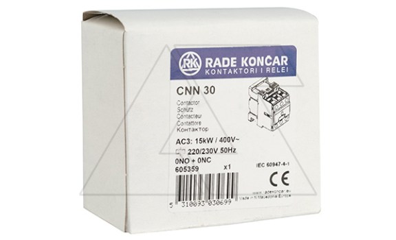 Контактор CNN 30 00 220/230V 50Hz, 3P, 30A/(40A по AC-1), 15kW(400VAC), 220/230VAC Rade Koncar даташит схема