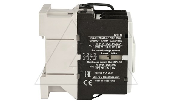 Контактор CNN 40 10, 24VDC, 3P, 38A/(50A по AC-1), 18.5kW(400VAC), 1NO, Uk=24VDC, Iвтяг=5,2А, Iуд=0,12А Rade Koncar даташит схема