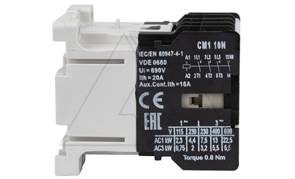 Мини-контактор CM1 10N 220/230V 50Hz, 3P, 12A/(20A по AC-1), 5.5kW(400VAC), 220/230VAC, 1NO Rade Koncar даташит схема