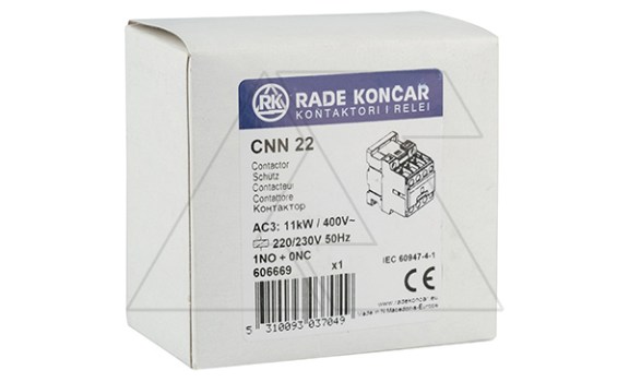 Контактор CNN 22 10 220/230V 50Hz, 3P, 22A/(30A по AC-1), 11kW(400VAC), 220/230VAC, 1NO Rade Koncar даташит схема