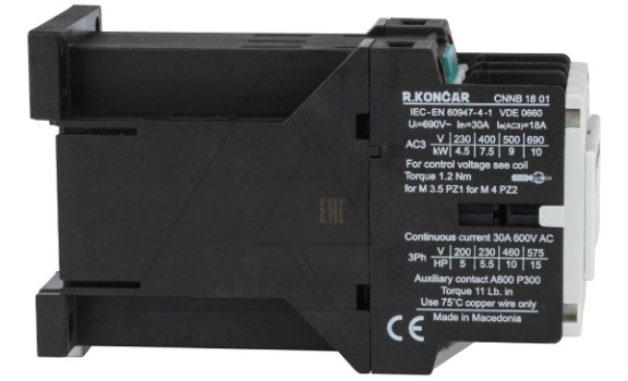 Контактор CNNB 18 01, 24VDC, 3P, 18A/(30A по AC-1), 7.5kW(400VAC), 1NC, Uk=24VDC Rade Koncar даташит схема