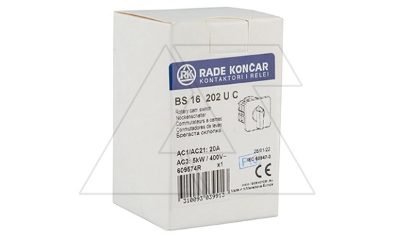 Переключатель BS 16 202 U, 2P, 20A, тип 1→0←2, 2NO на 1_2, на дверь, фронт IP40 Rade Koncar даташит схема