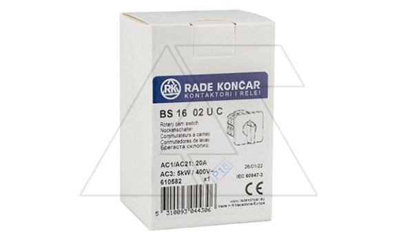Переключатель BS 16 02 U, 2P, 20A, тип 0←1, 2NO на 1, на дверь, фронт IP40 Rade Koncar даташит схема