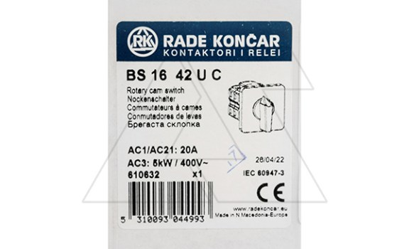 Переключатель BS 16 42 U, 12P, 20A, тип 0-1 (60°), 12NO на 1, 7.5kW(400VAC по АС-23), на дверь, фронт IP40 Rade Koncar даташит схема