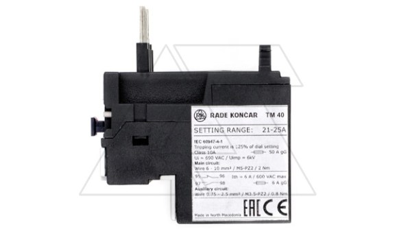 Реле тепловой перегрузки TM 40 - 25A, It=21_25A, 1NO+1NC, CLASS 10A, в комплекте с расширительной клеммой, прямой монтаж для CNN 9_40 Rade Koncar даташит схема