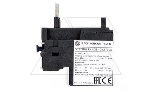 Реле тепловой перегрузки TM 40 - 30A, It=24.5_30A, 1NO+1NC, CLASS 10A, в комплекте с расширительной клеммой, прямой монтаж для CNN 9_40 Rade Koncar даташит схема